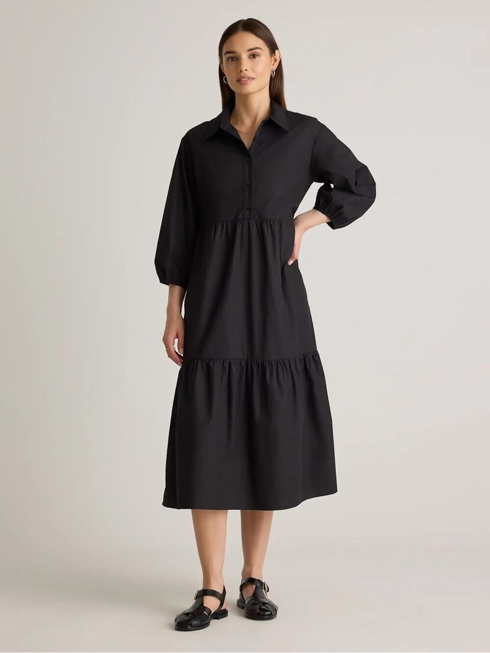 NEW Quince Organic Cotton Poplin Midi Tunic Dress Black Large Tiered Puff Sleeve - Picture 1 of 8